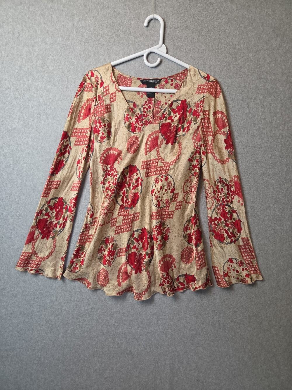 Vintage Jonathan Martin Studio Silk Gold Japanese Motif Print Blouse Women's Lrg